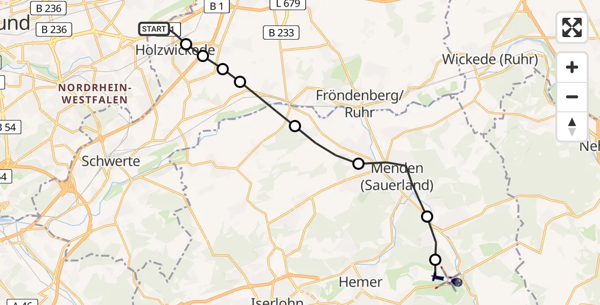 Flugroute Polizeihubschrauber Dortmund Flughafen - Hemer, 24 März 2026, 08:50