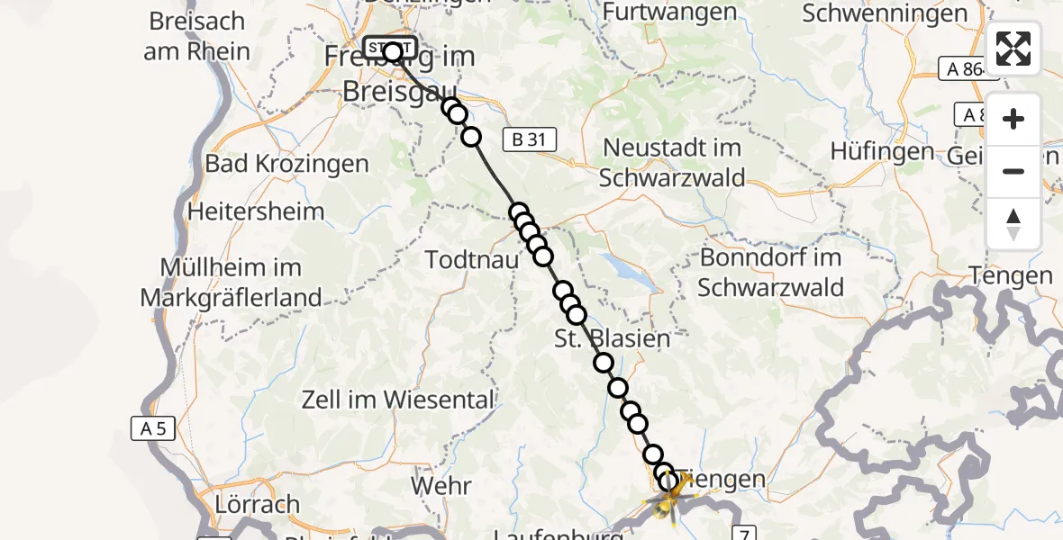 Flugroute Ambulanzhubschrauber Freiburg im Breisgau Flugplatz - Full-Reuenthal, 24 März 2026, 08:52