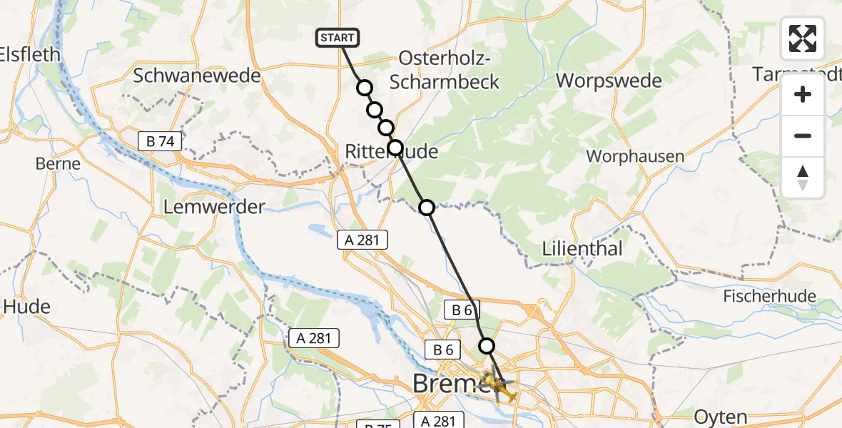 Flugroute Rettungshubschrauber Heilshorn - Bremen-Ost, 24 März 2026, 08:54