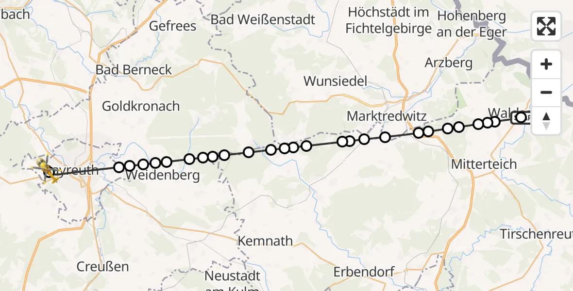 Flugroute Rettungshubschrauber Waldsassen - Bayreuth Hospital, 24 März 2026, 08:55