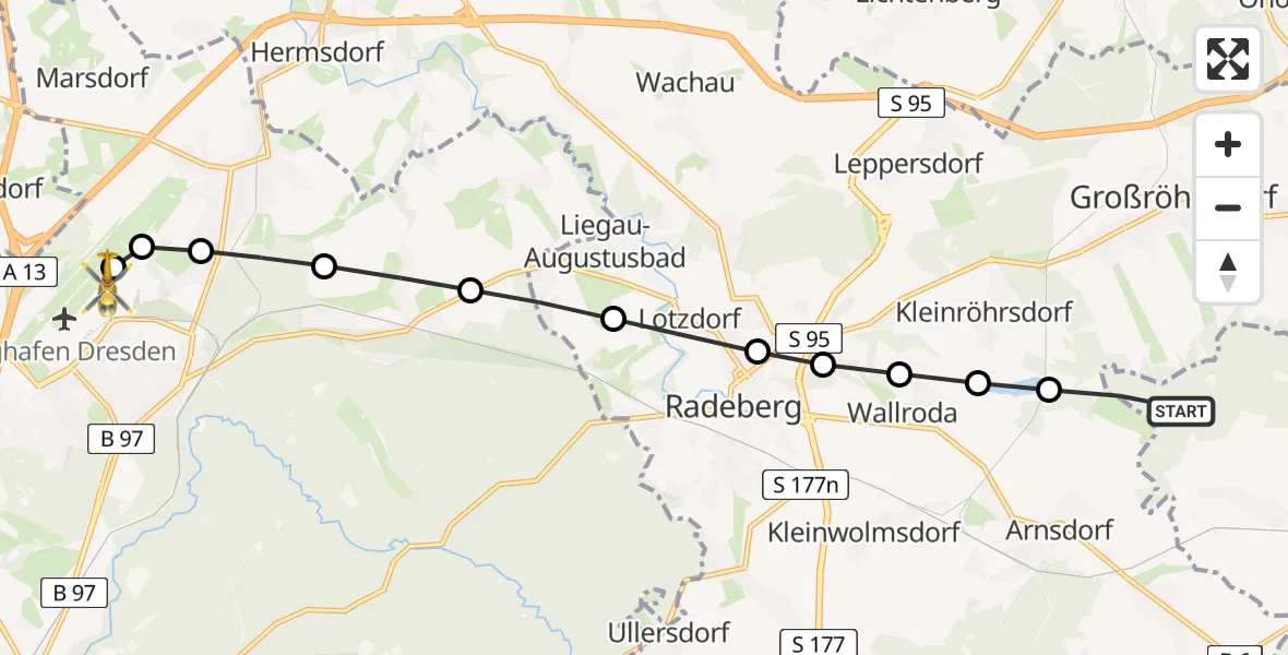 Routekaart van de vlucht: Rettungshubschrauber nach Dresden Bundespolizei Hubschrauberlandeplatz