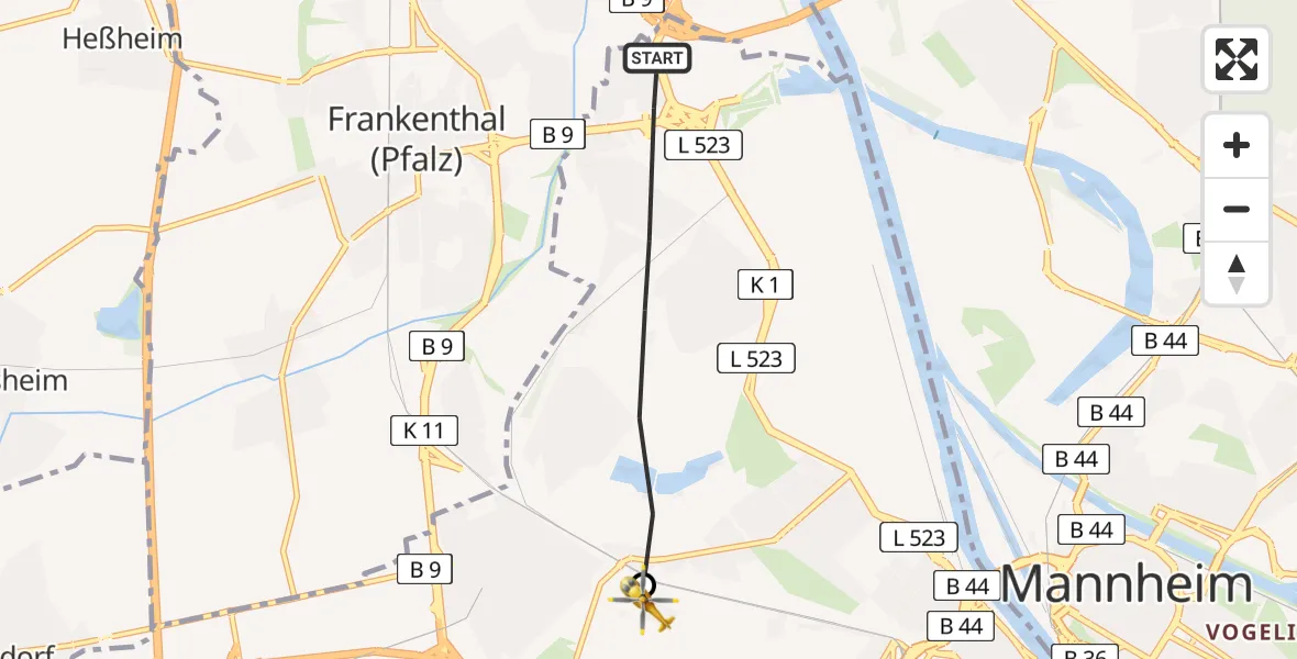Flugroute Rettungshubschrauber Ludwigshafen am Rhein - Ludwigshafen Accident Hospital, 24 März 2026, 08:58