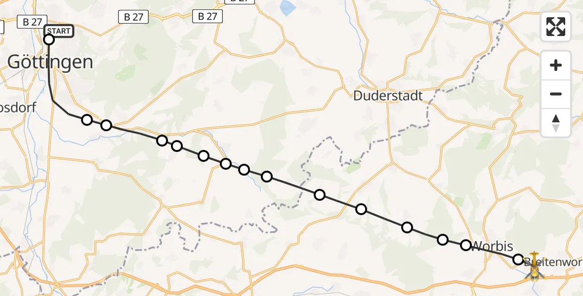 Flugroute Rettungshubschrauber Göttingen University Clinic Hubschrauberlandeplatz - Kirchworbis, 24 März 2026, 08:59