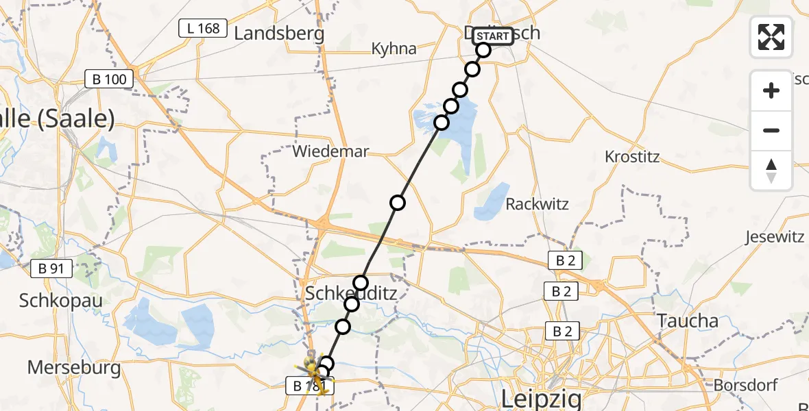 Flugroute Rettungshubschrauber Delitzsch - ADAC Air Rescue Station Leipzig/Schkeuditz-Dölzig Hubschrauberlandeplatz (Christoph 61), 24 März 2026, 09:01