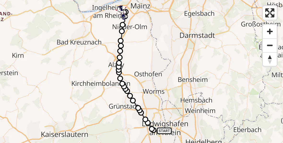 Flugroute Polizeihubschrauber Ludwigshafen am Rhein - Mainz-Finthen Flugplatz, 24 März 2026, 09:02