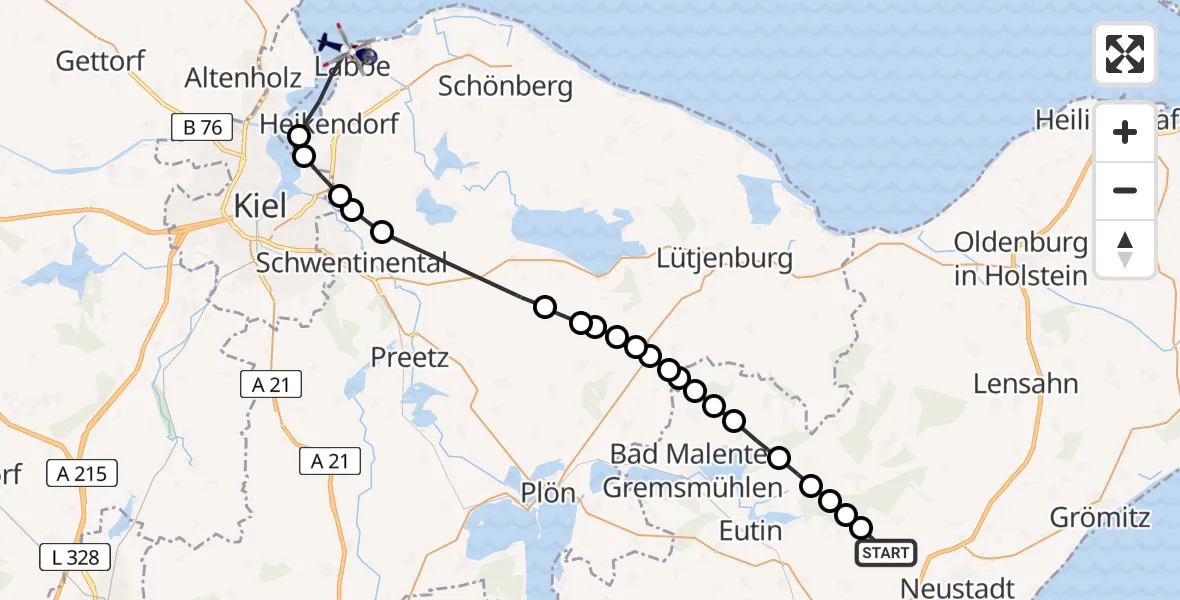 Flugroute Polizeihubschrauber Plunkau - Laboe, 24 März 2026, 09:04