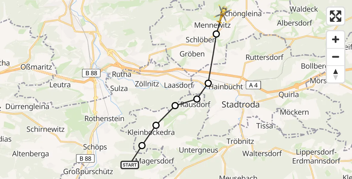 Flugroute Rettungshubschrauber Kleinpürschütz - Zinna, 24 März 2026, 09:09