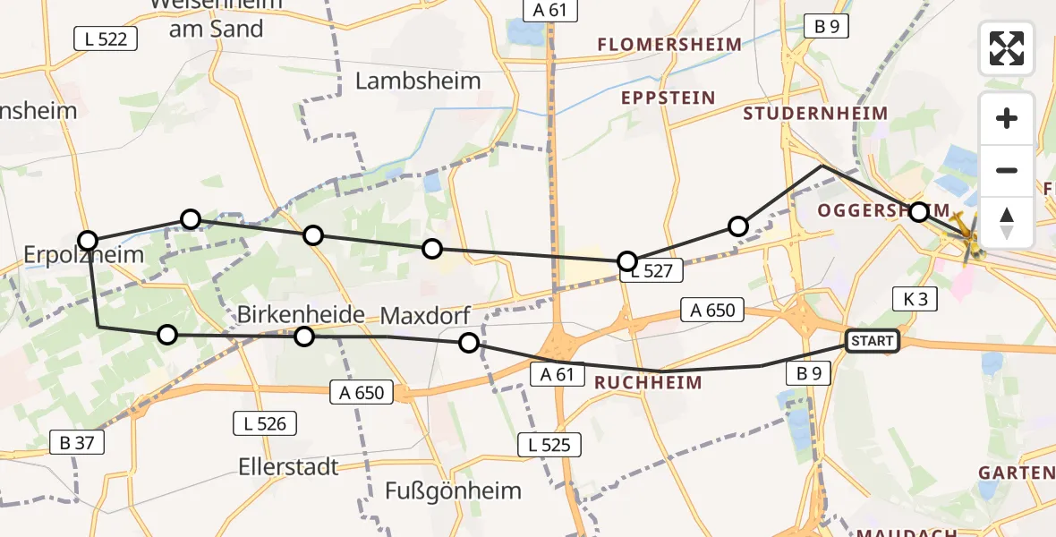 Flugroute Rettungshubschrauber Ludwigshafen am Rhein - Ludwigshafen am Rhein, 24 März 2026, 09:14