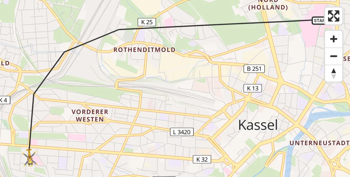Flugroute Rettungshubschrauber Kassel - Kassel, 24 März 2026, 09:16