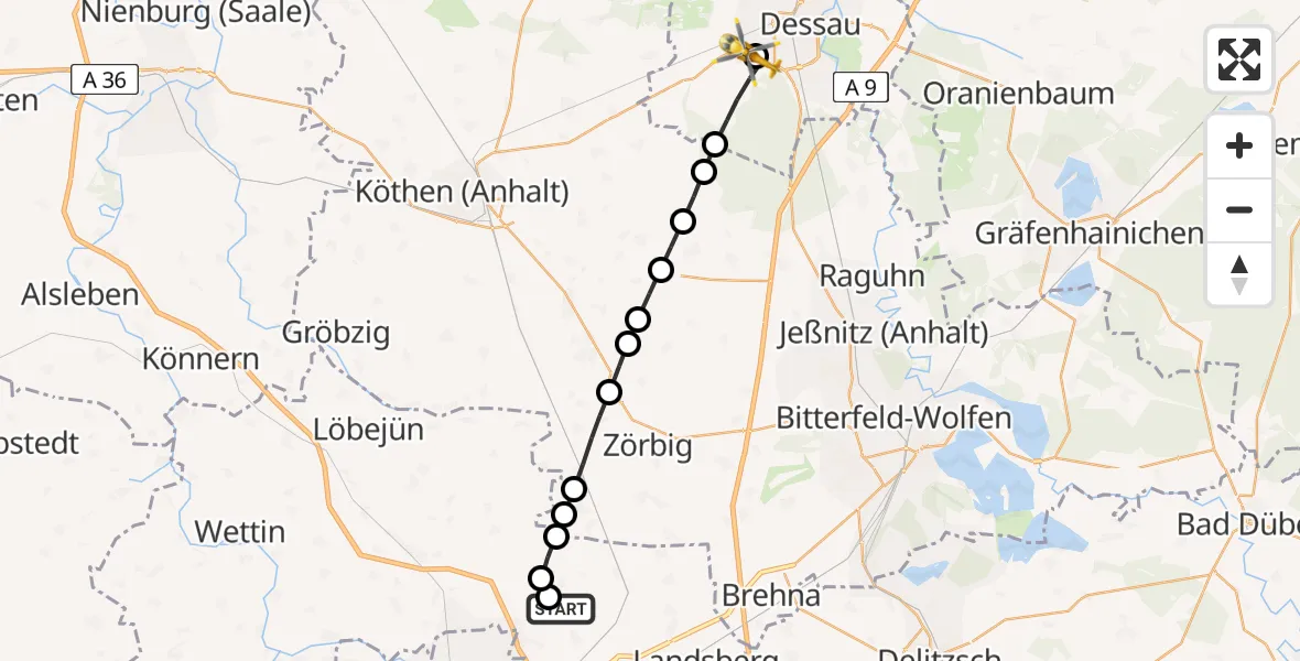 Routekaart van de vlucht: Rettungshubschrauber nach Dessau Municipal Hospital Rooftop