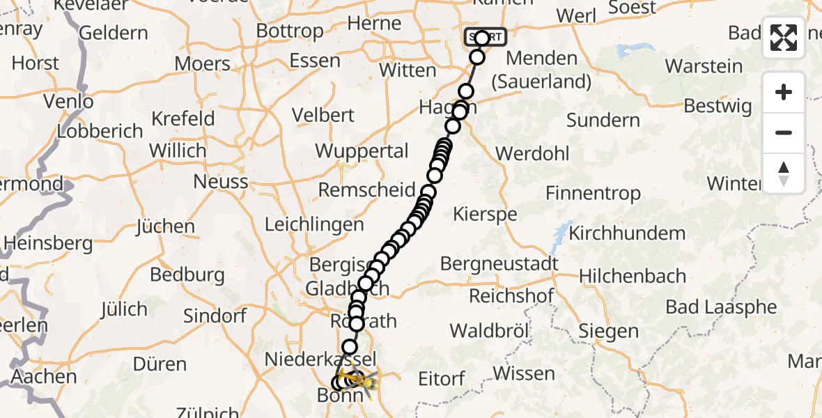 Flugroute Rettungshubschrauber Dortmund Flughafen - Bonn-Hangelar Flugplatz, 24 März 2026, 09:22