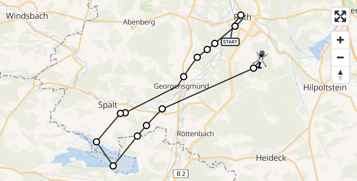 Flugroute Polizeihubschrauber Kiliansdorf - Roth, 24 März 2026, 09:25