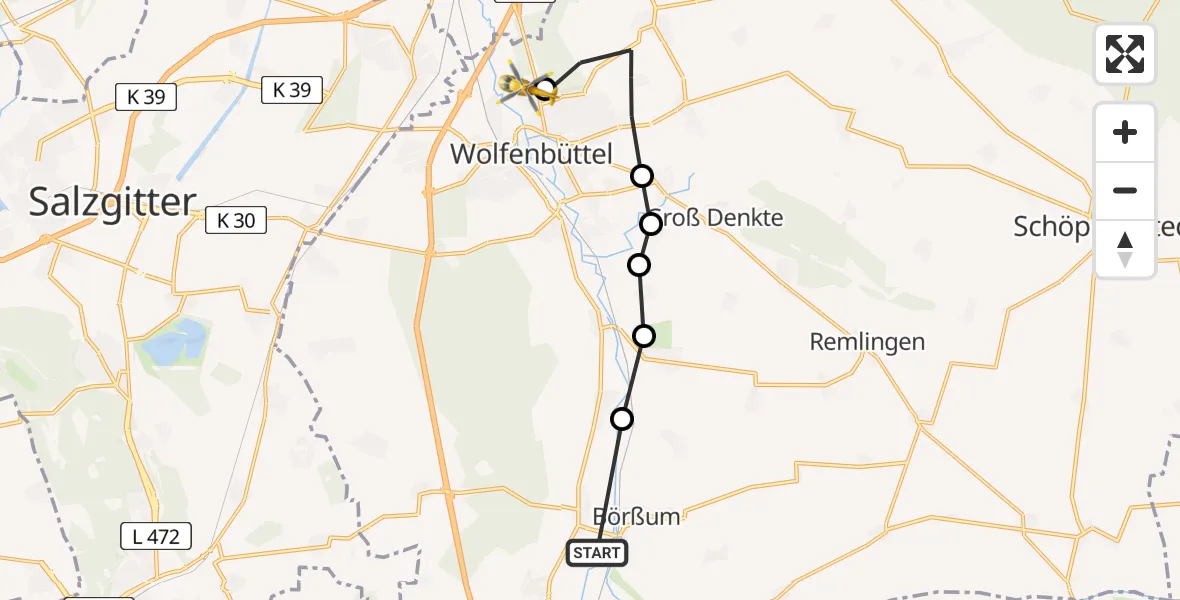 Flugroute Rettungshubschrauber Heiningen - Wolfenbüttel Municipal Hospital Heliport (Christoph 30), 24 März 2026, 09:30