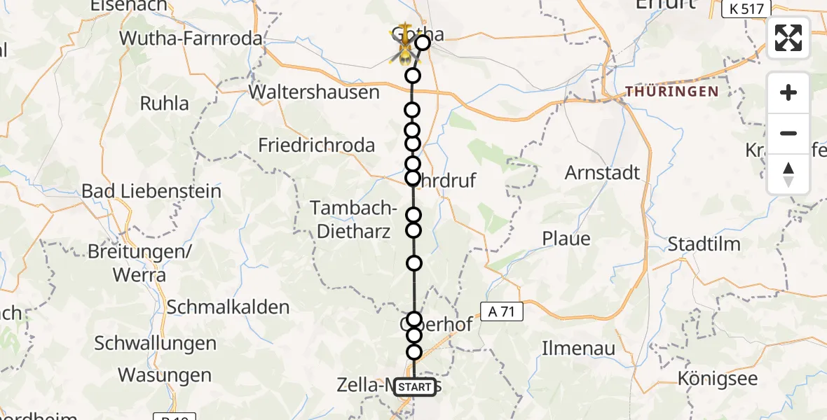 Flugroute Rettungshubschrauber Zella-Mehlis - Gotha, 24 März 2026, 09:35