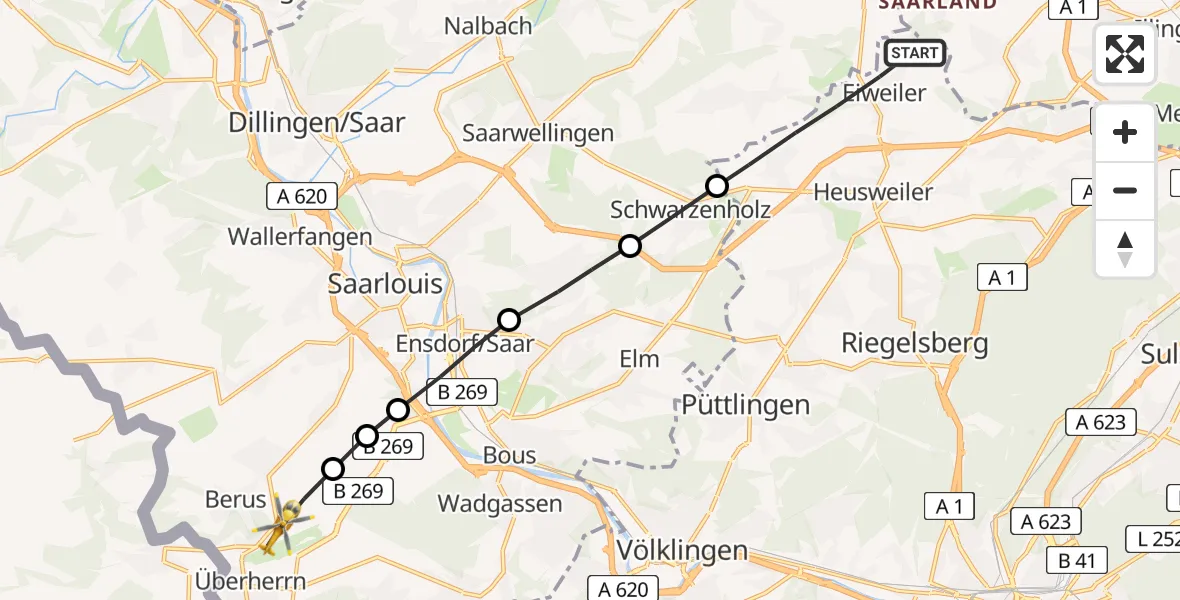 Routekaart van de vlucht: Rettungshubschrauber nach Überherrn, Rathausstraße
