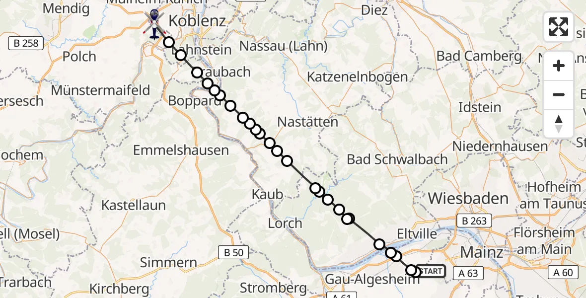 Flugroute Polizeihubschrauber Mainz-Finthen Flugplatz - Rübenach, 24 März 2026, 09:46