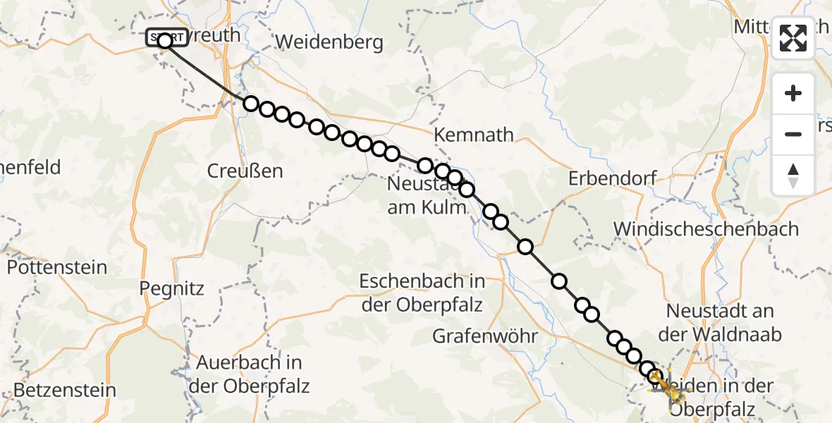 Flugroute Rettungshubschrauber Bayreuth Hospital - Weiden in der Oberpfalz Flugplatz, 24 März 2026, 09:46