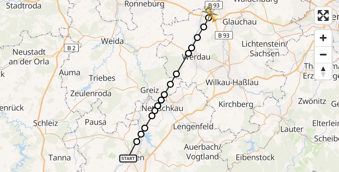 Routekaart van de vlucht: Rettungshubschrauber nach Meerane, Hauptstraße