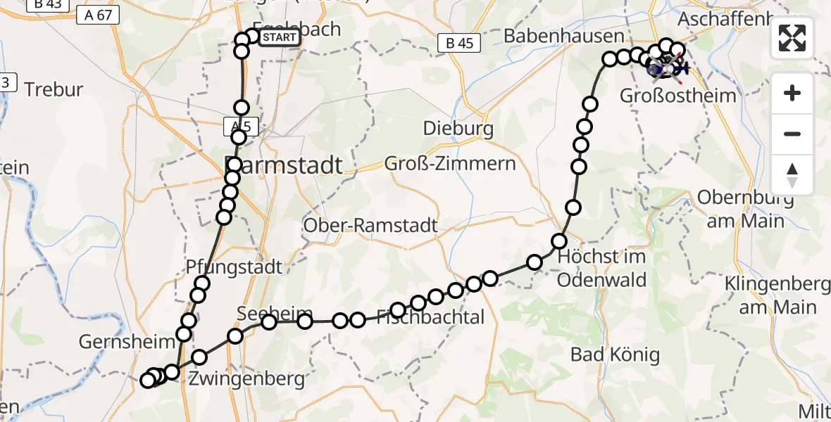 Flugroute Polizeihubschrauber Flughafen Frankfurt-Egelsbach - Flugplatz Aschaffenburg, 24 März 2026, 09:54