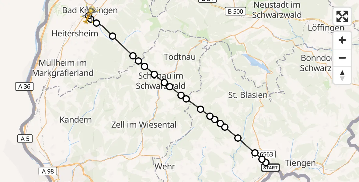 Flugroute Ambulanzhubschrauber Waldshut - Bad Krozingen (Kernstadt), 24 März 2026, 09:56
