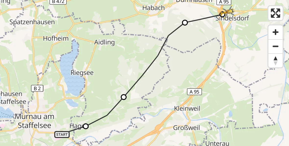Flugroute Rettungshubschrauber Murnau Accident Hospital - Sindelsdorf, 24 März 2026, 09:57