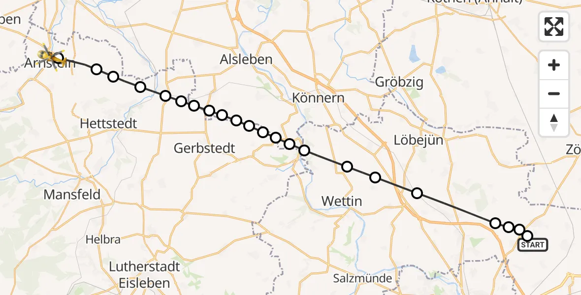 Flugroute Ambulanzhubschrauber Halle-Oppin Flugplatz - Welbsleben, 24 März 2026, 09:59