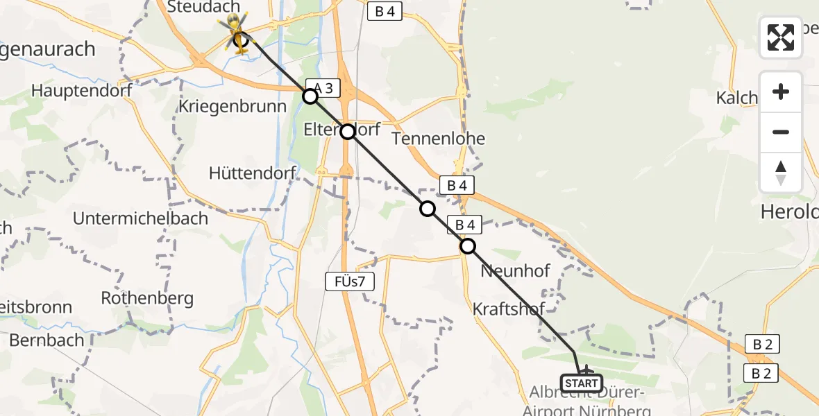 Flugroute Rettungshubschrauber Flughafen Nuremberg - Steudach, 24 März 2026, 10:02