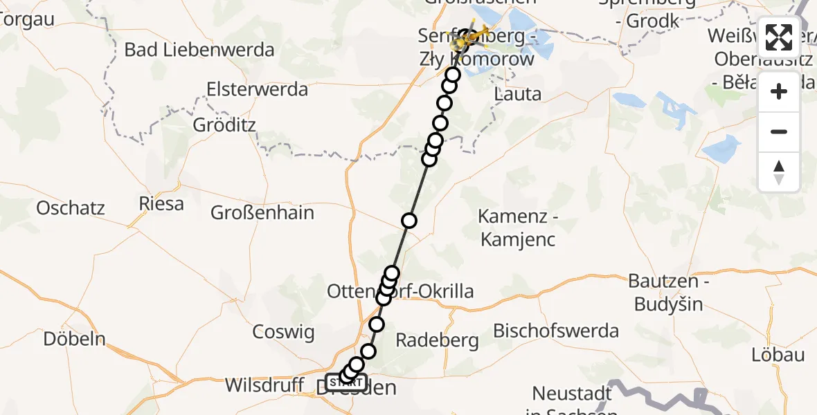 Flugroute Ambulanzhubschrauber Dresden Friedrichstadt Hospital - ADAC Luftrettungsstation Senftenberg Hubschrauberlandeplatz, 24 März 2026, 10:04