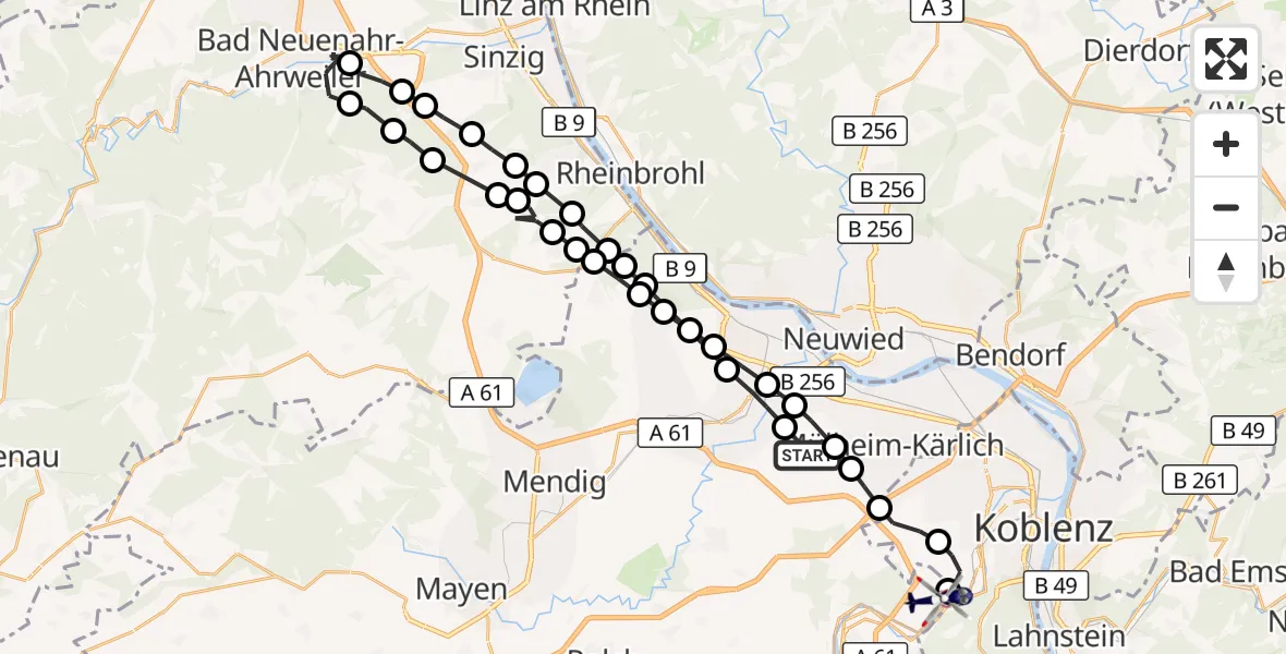 Flugroute Polizeihubschrauber Kettig - Koblenz-Winningen Flugplatz, 24 März 2026, 10:09