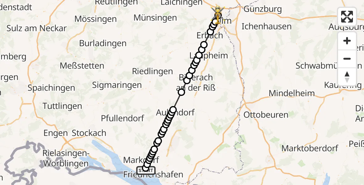 Flugroute Rettungshubschrauber Friedrichshafen Hospital - Ulm Military Hospital Emergency Hubschrauberlandeplatz, 24 März 2026, 10:12