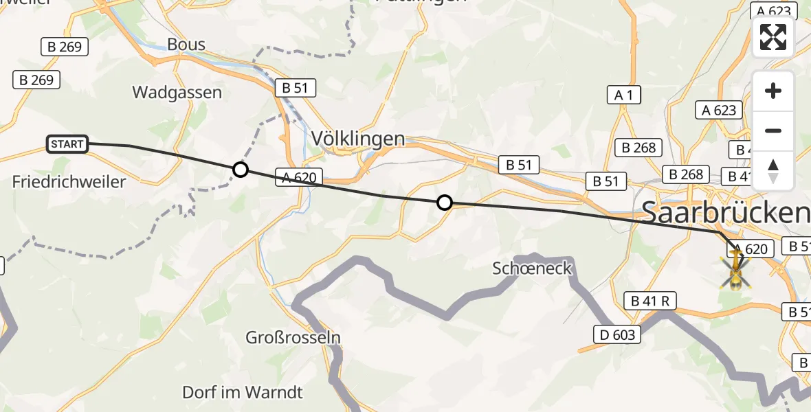 Flugroute Rettungshubschrauber Wadgassen - Saarbrücken, 24 März 2026, 10:19
