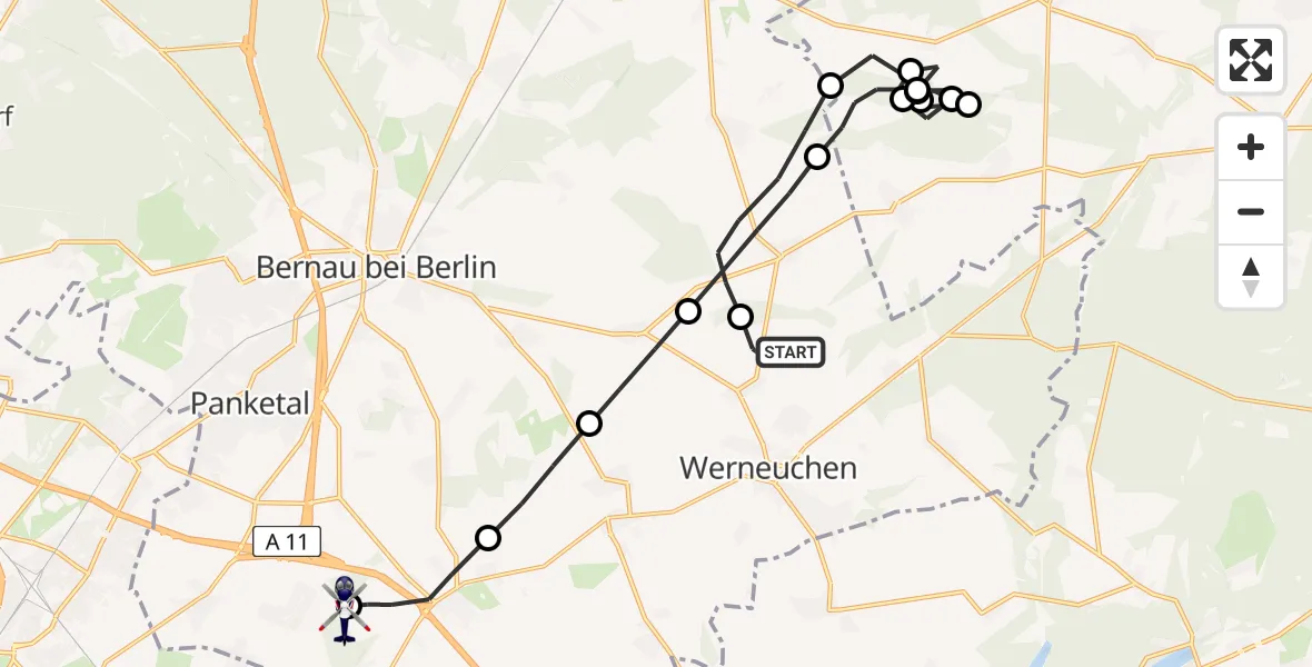 Flugroute Polizeihubschrauber Werneuchen - Ahrensfelde Hubschrauberlandeplatz, 24 März 2026, 10:19