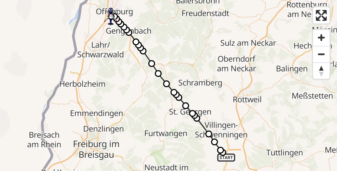 Routekaart van de vlucht: Polizeihubschrauber nach Offenburg-Baden Flugplatz