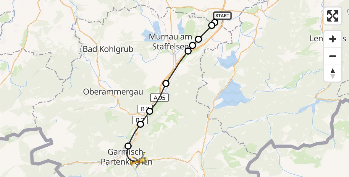 Routekaart van de vlucht: Rettungshubschrauber nach Garmisch-Partenkirchen Clinic Hubschrauberlandeplatz
