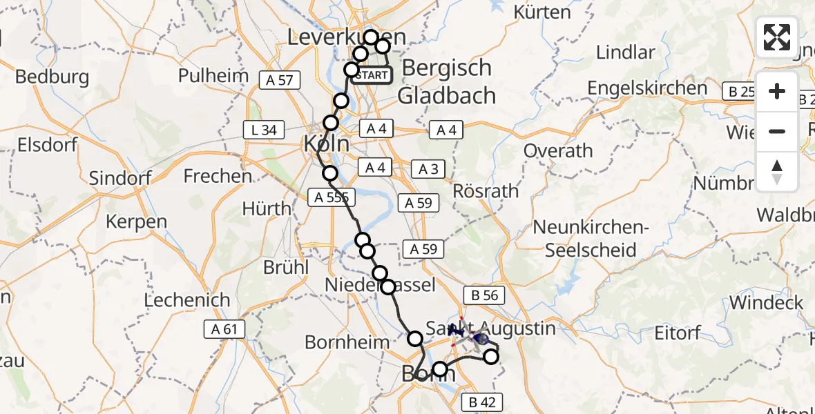 Flugroute Polizeihubschrauber Mülheim - Bonn-Hangelar Flugplatz, 24 März 2026, 10:22