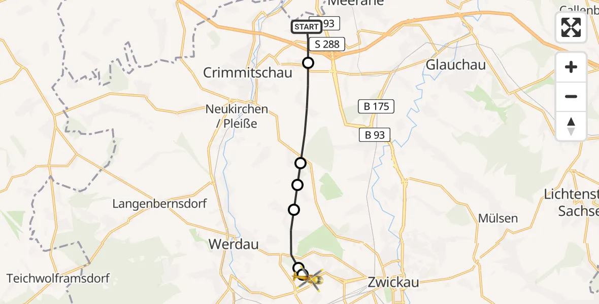 Routekaart van de vlucht: Rettungshubschrauber nach ADAC Air Rescue Station Zwickau Hubschrauberlandeplatz