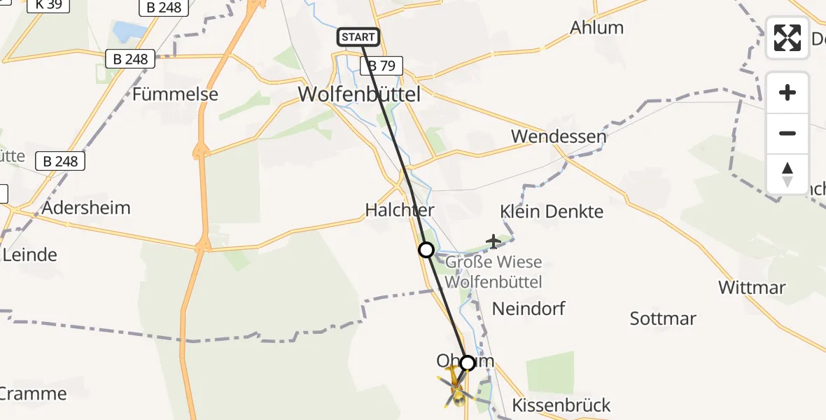 Flugroute Rettungshubschrauber Wolfenbüttel - Ohrum, 24 März 2026, 10:33