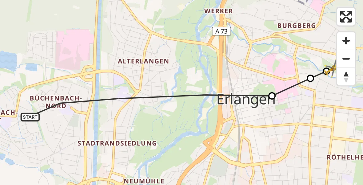 Flugroute Ambulanzhubschrauber Erlangen - Erlangen University Hospital Ebrardstraße, 24 März 2026, 10:35