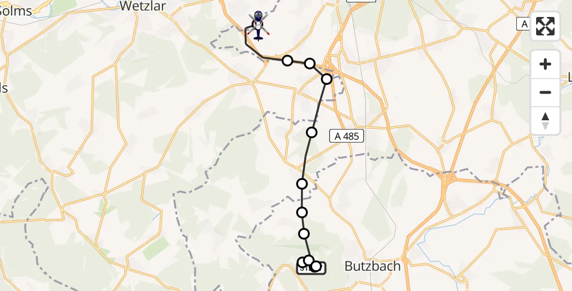 Flugroute Polizeihubschrauber Butzbach - Gießen-Lützellinden Flugplatz, 24 März 2026, 10:35