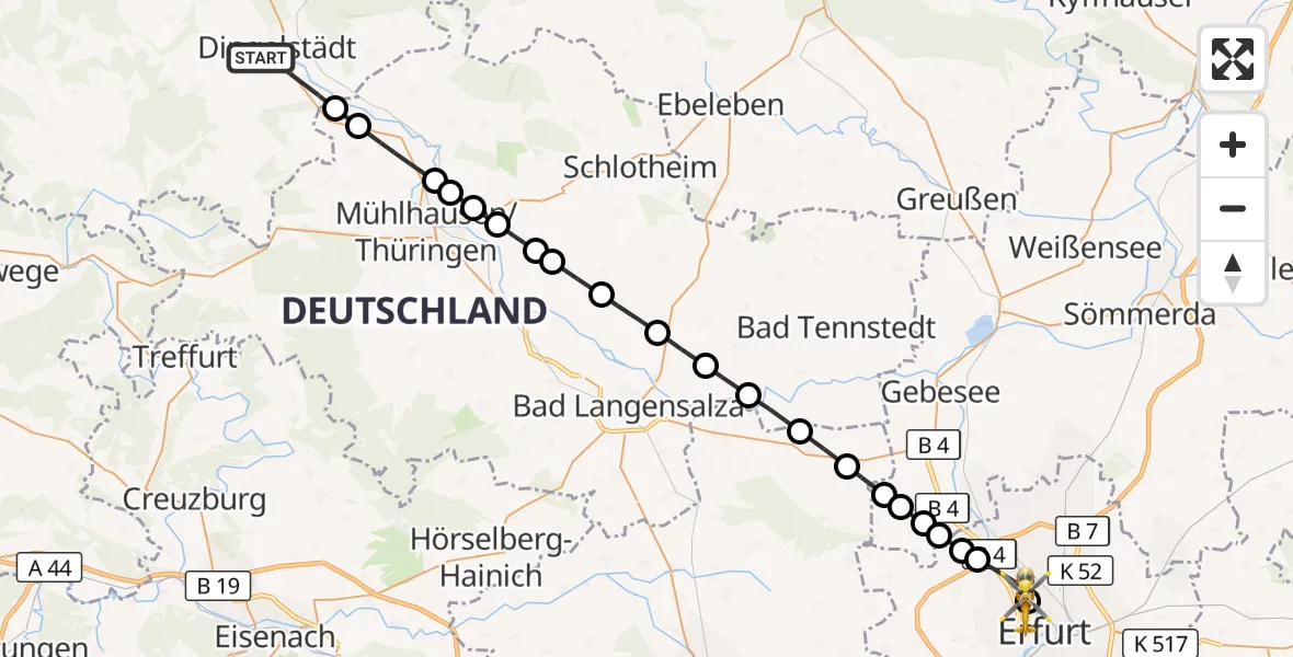 Flugroute Rettungshubschrauber Dingelstädt - Helios Clinic Erfurt, 24 März 2026, 10:35