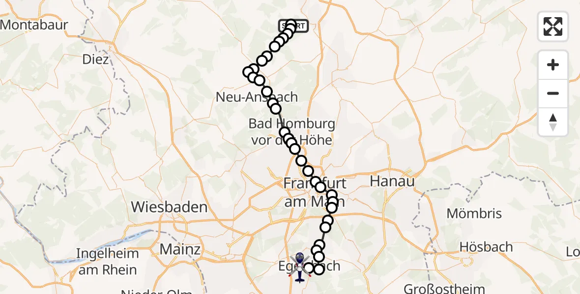 Flugroute Polizeihubschrauber Pfingstweide Flugplatz - Flughafen Frankfurt-Egelsbach, 24 März 2026, 10:37