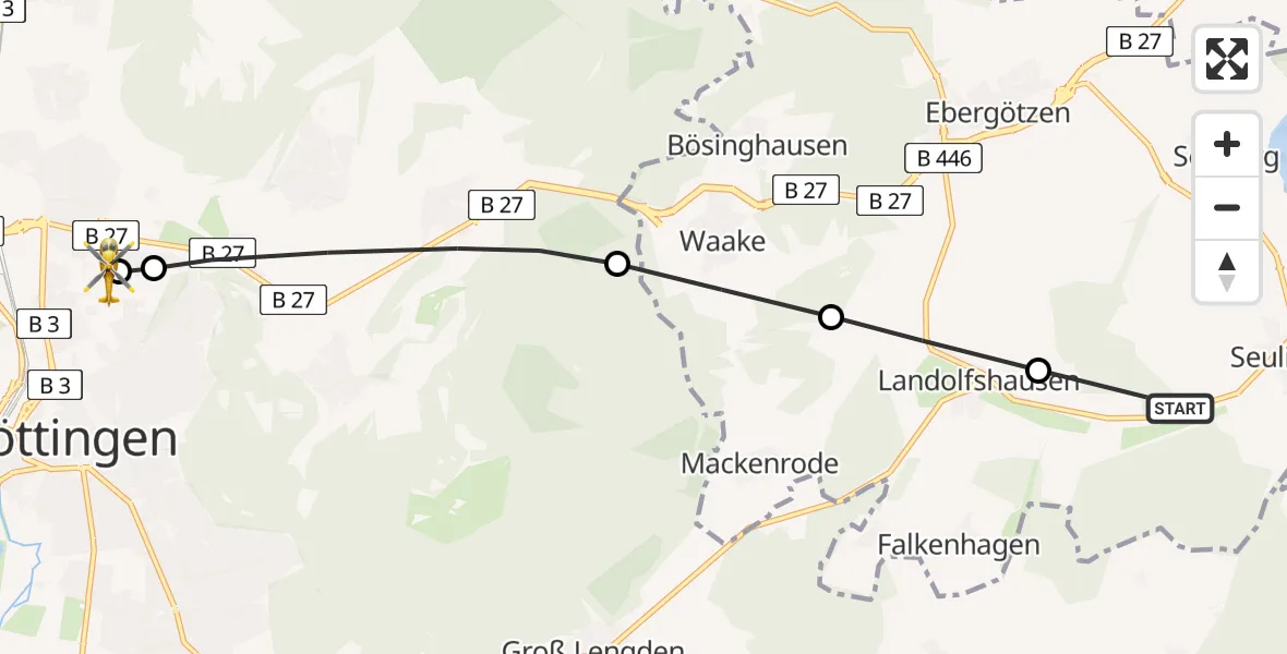 Routekaart van de vlucht: Rettungshubschrauber nach Göttingen University Clinic Hubschrauberlandeplatz