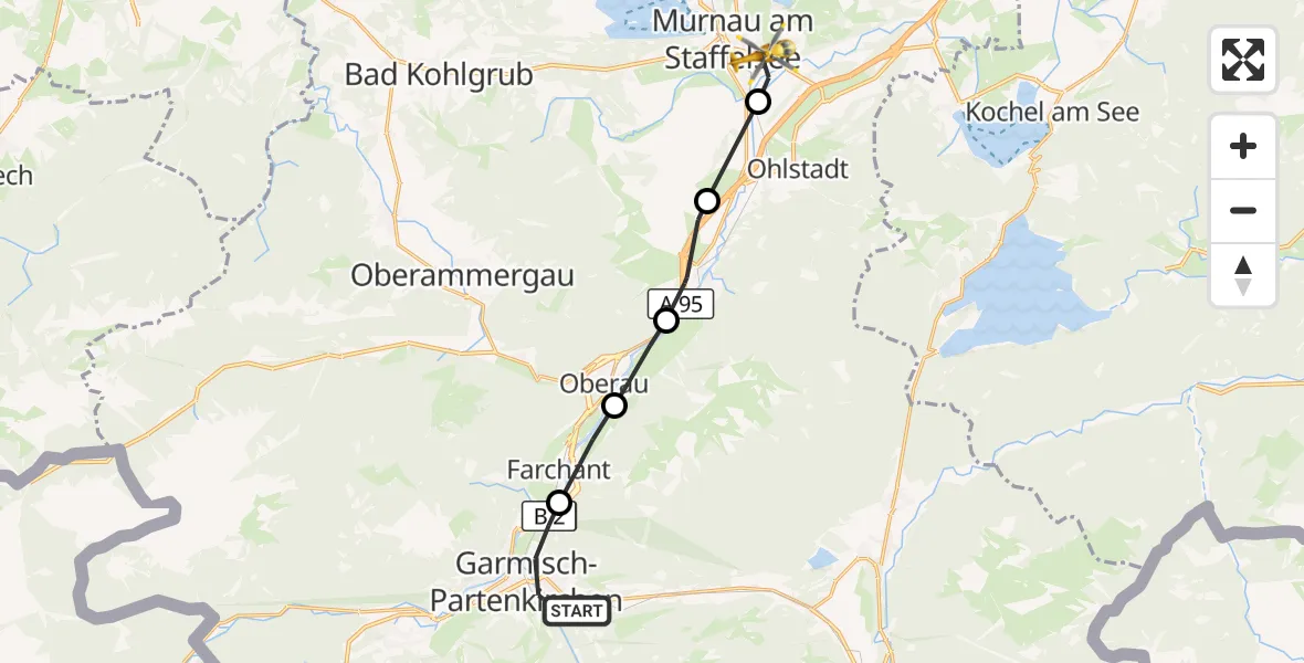 Flugroute Rettungshubschrauber Garmisch-Partenkirchen - Murnau Accident Hospital, 24 März 2026, 10:45