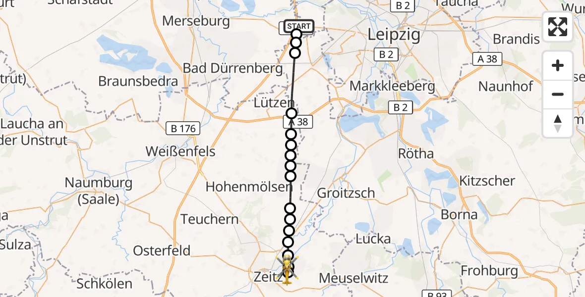 Flugroute Rettungshubschrauber ADAC Air Rescue Station Leipzig/Schkeuditz-Dölzig Hubschrauberlandeplatz (Christoph 61) - Gleina, 24 März 2026, 10:46