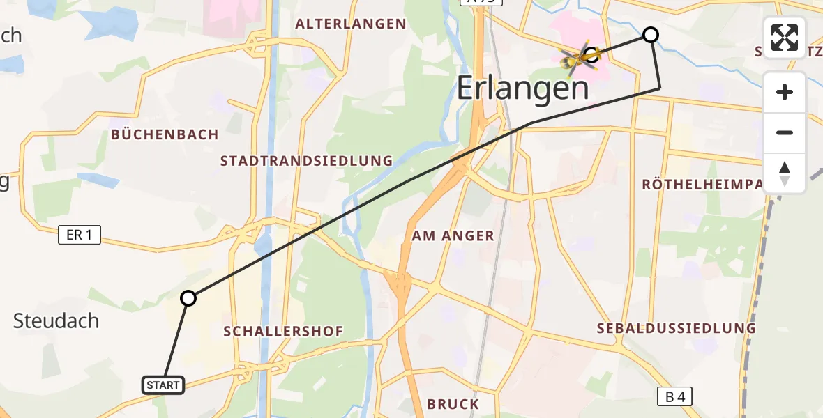 Flugroute Rettungshubschrauber Steudach - Erlangen University Hospital Rooftop, 24 März 2026, 10:50