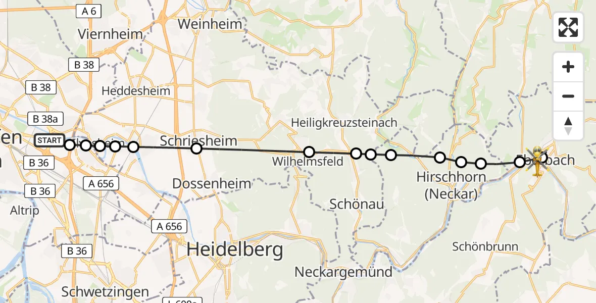 Flugroute Rettungshubschrauber Mannheim-City Flughafen - Eberbach, 24 März 2026, 10:52