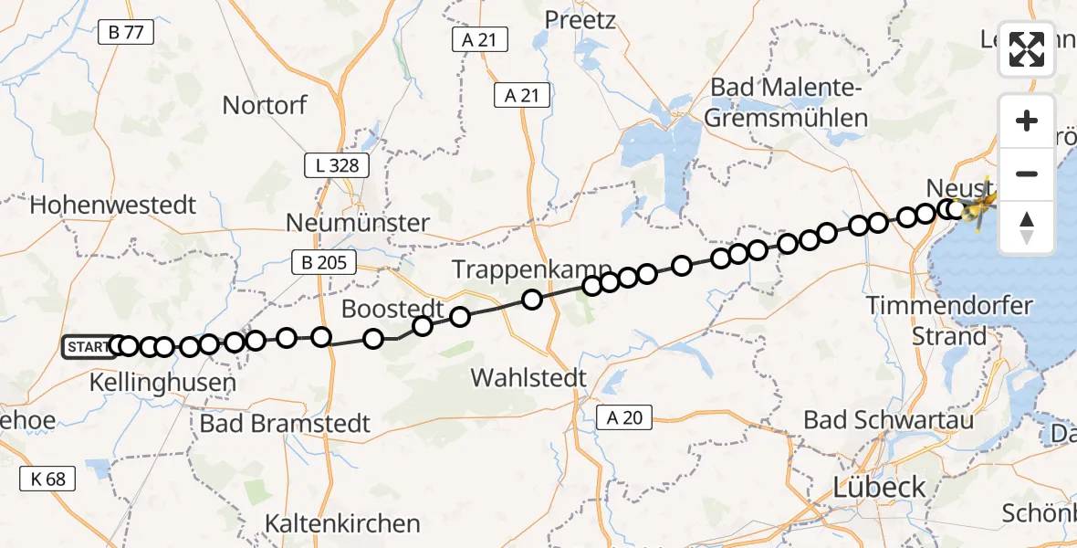 Flugroute Rettungshubschrauber Springhoe - Neustadt in Holstein, 24 März 2026, 10:52