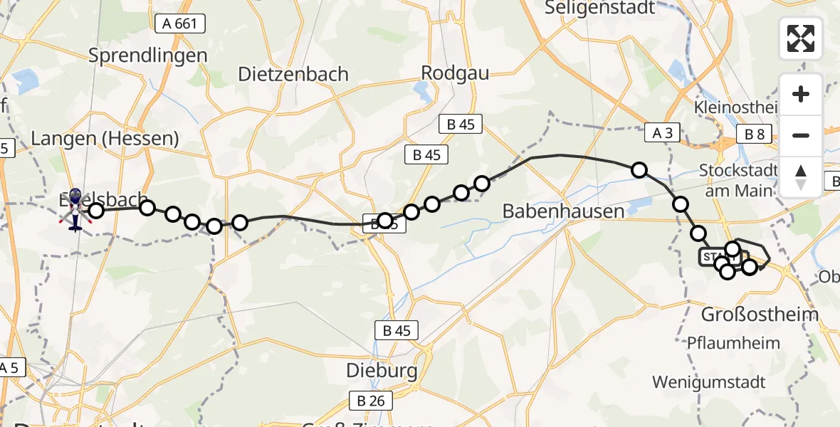 Flugroute Polizeihubschrauber Großostheim - Flughafen Frankfurt-Egelsbach, 24 März 2026, 10:57