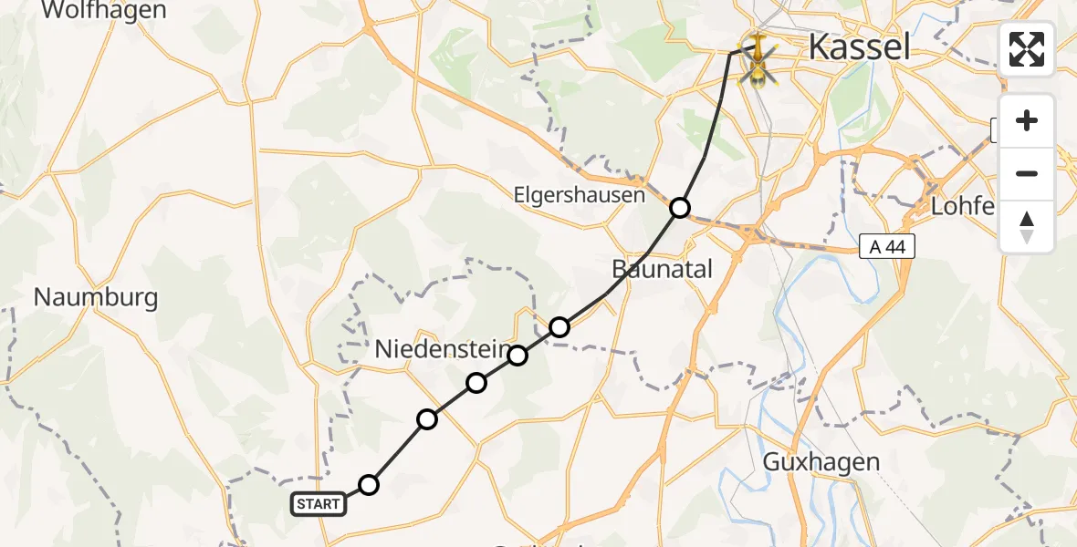 Routekaart van de vlucht: Rettungshubschrauber nach Kassel, Hansteinstraße