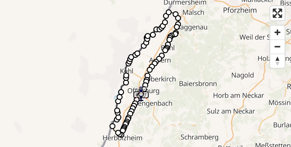Flugroute Polizeihubschrauber Offenburg-Baden Flugplatz - Offenburg-Baden Flugplatz, 24 März 2026, 11:01